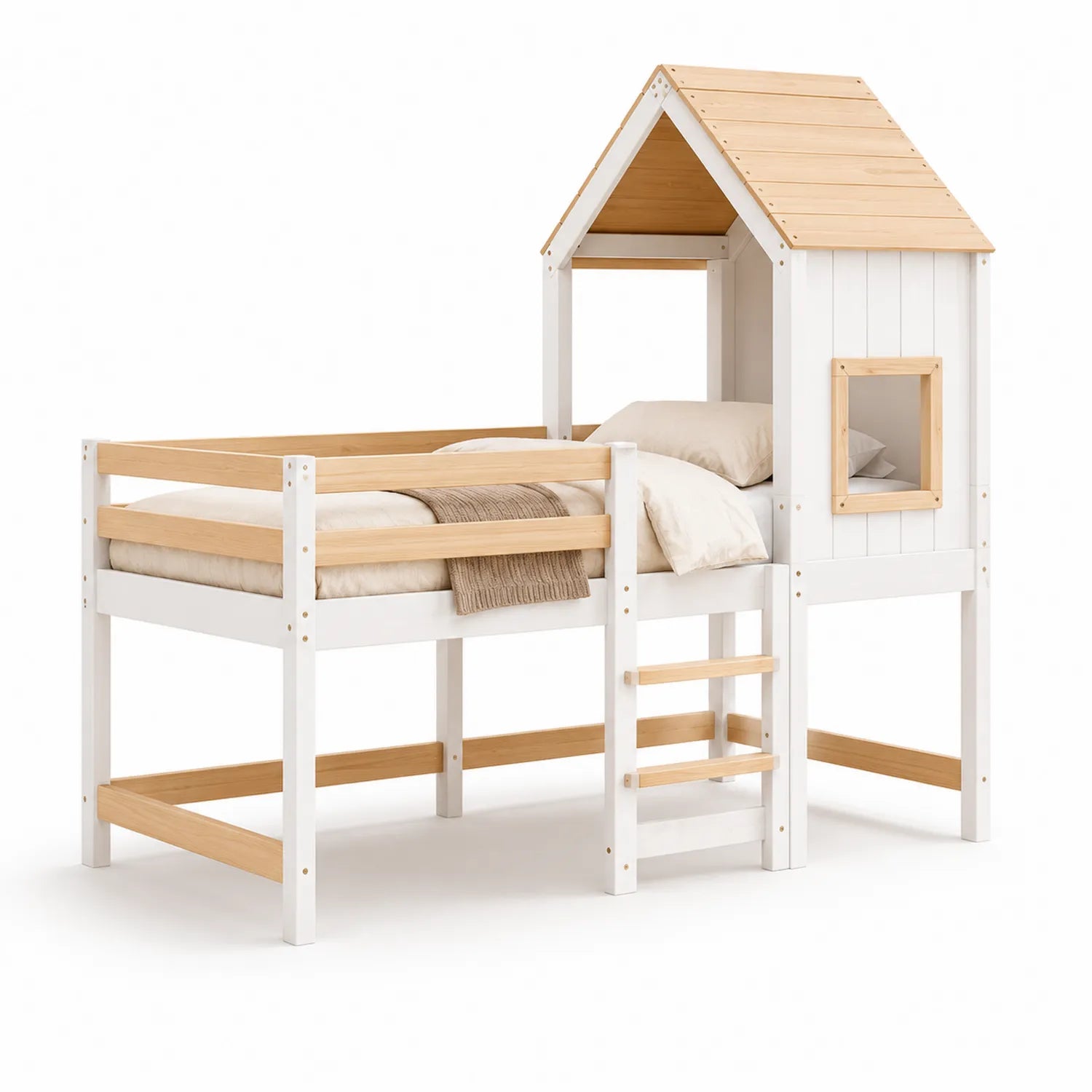 Łóżko dziecięce wysokie domek 90 x 200 cm z drabinką z drewna sosnowego i płyty MDF białe naturalne