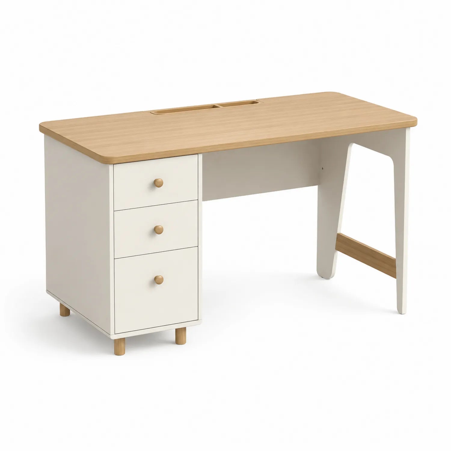 Biurko biurowe 120 cm biały dąb MDF z szufladami i otworem na kable drewniane nogi