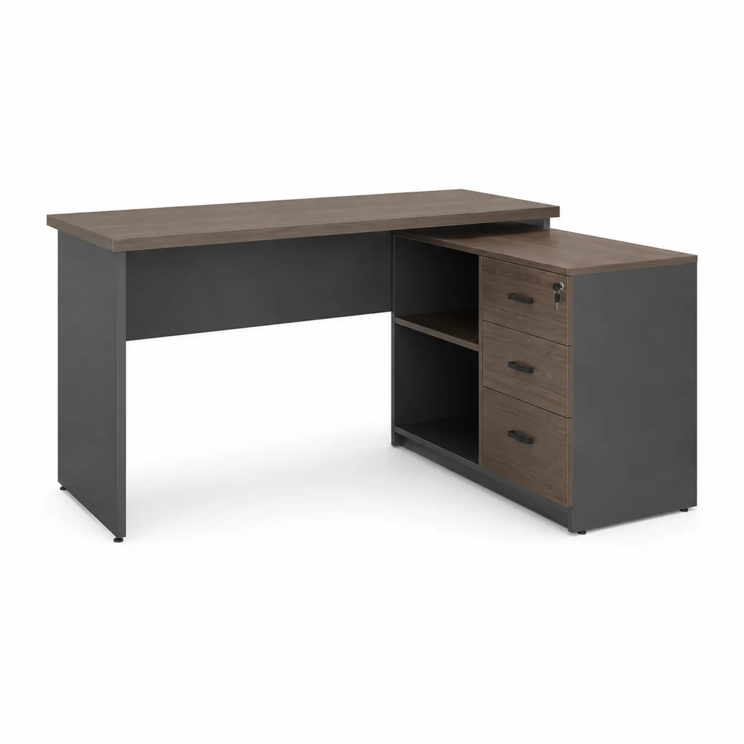 Biurko narożne w kształcie L 160 cm 120 cm 75 cm płyta MDF laminowana dąb brązowy szary stalowa konstrukcja z szafką i szufladami