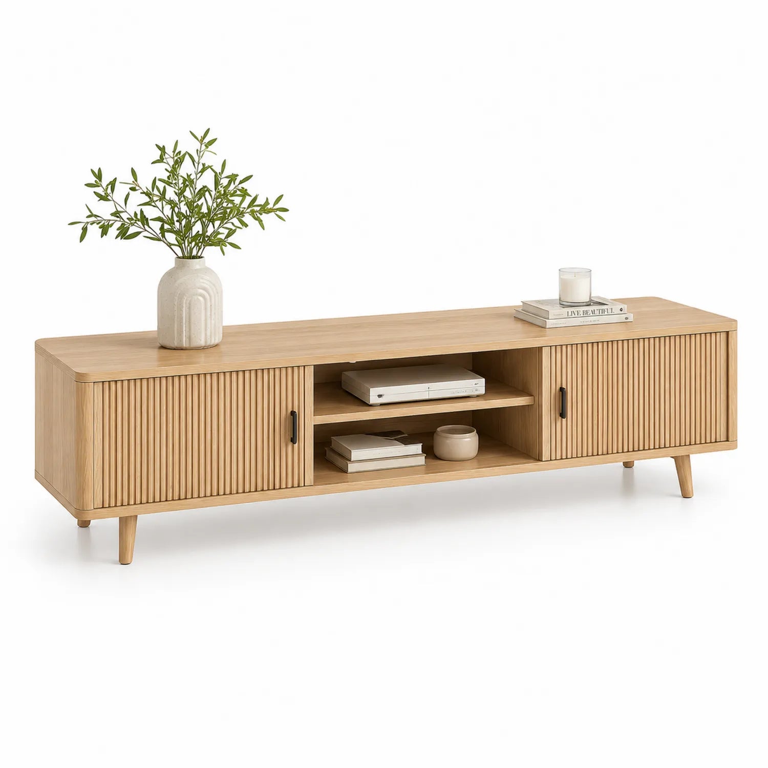 Szafka RTV 180x40x55 cm dąb naturalny MDF laminowany lamelowe fronty drzwi przesuwne