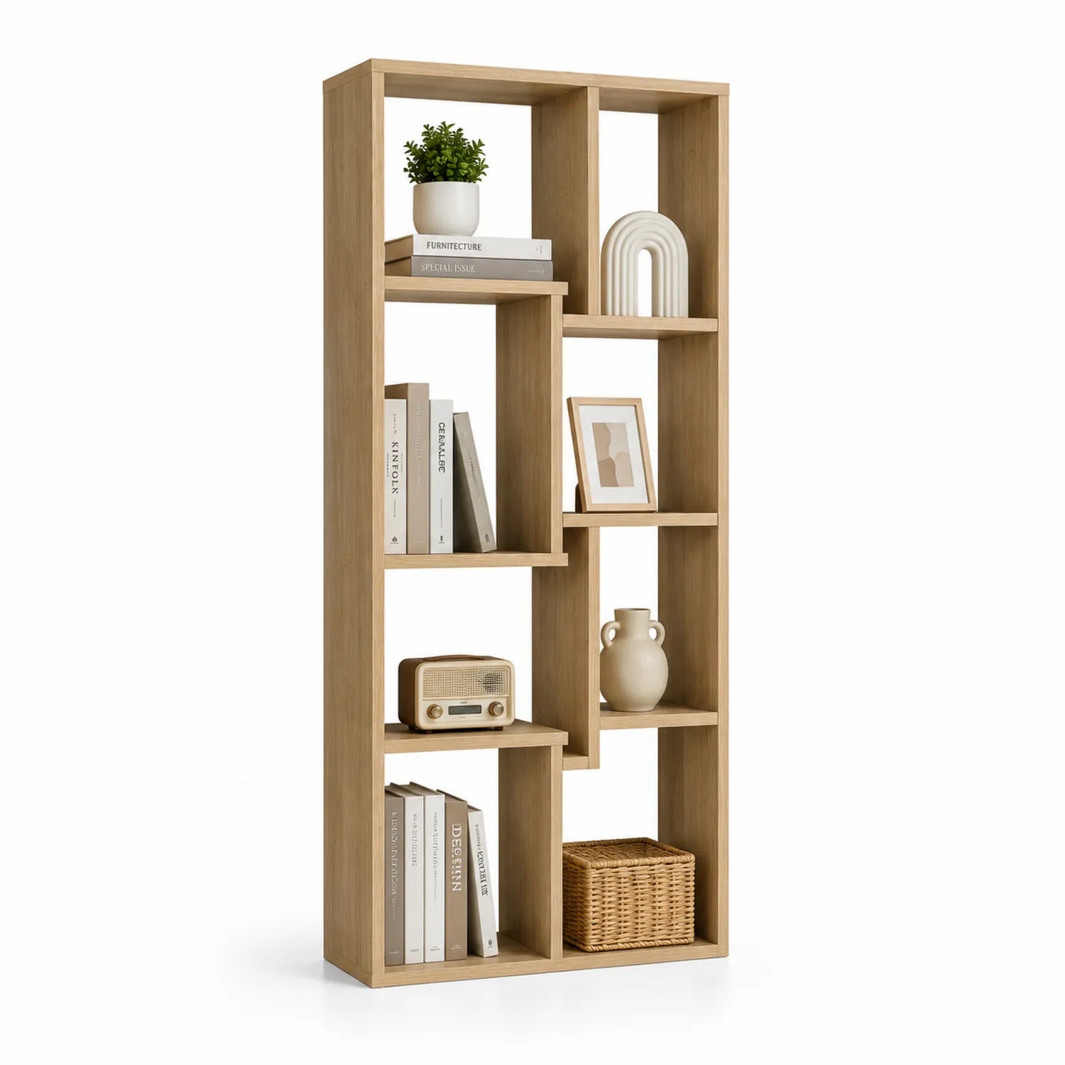 Regał ekspozycyjny prostokątny 80 x 30 x 180 cm z laminowanej płyty MDF w kolorze dąb naturalny z otwartymi asymetrycznymi półkami