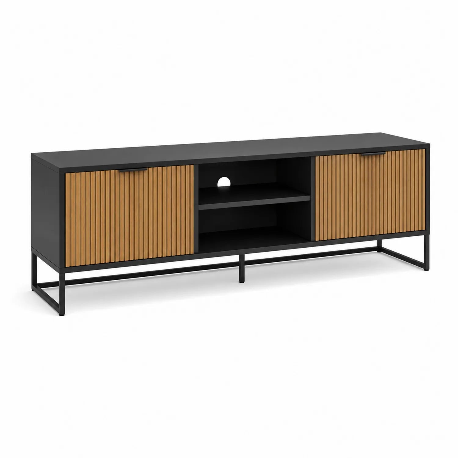 Szafka RTV 180 x 40 x 50 cm czarna dąb MDF metalowa rama fronty ryflowane