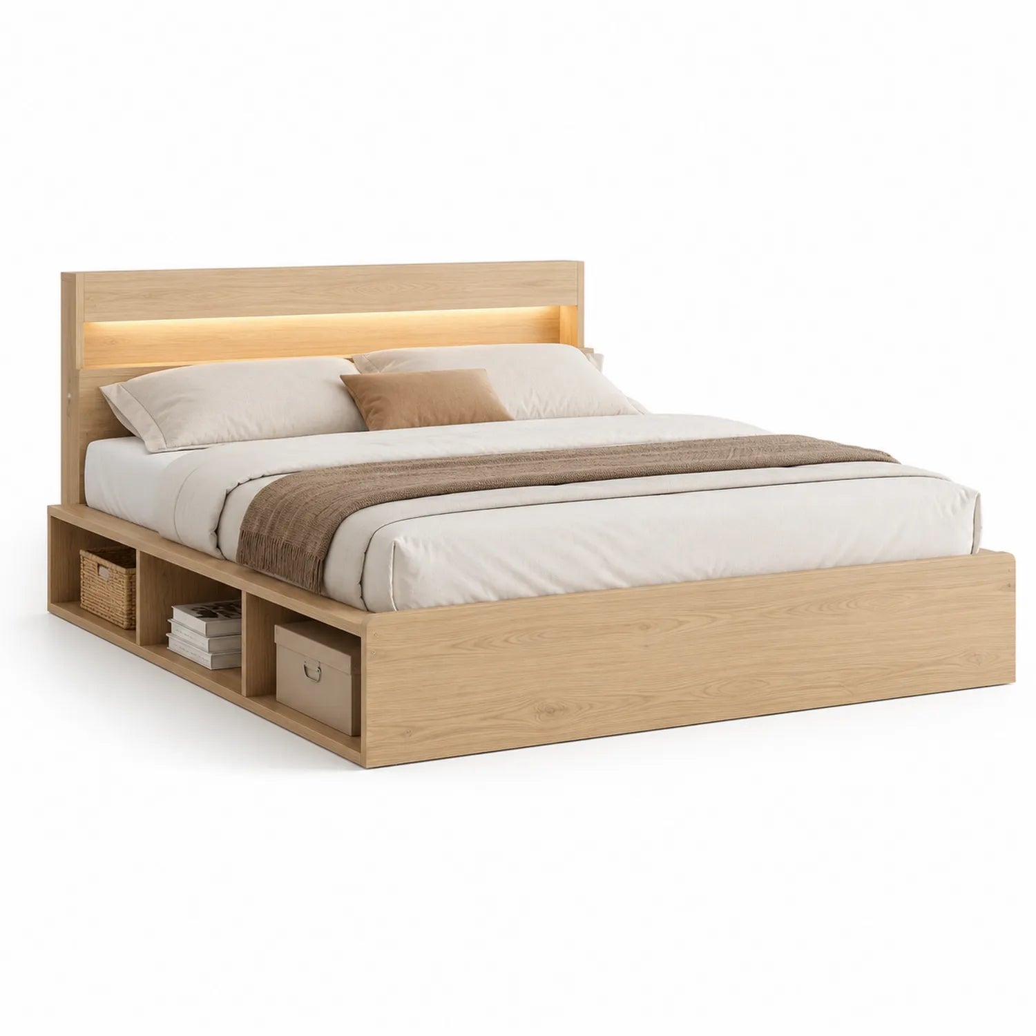 Łóżko z pojemnikami 160 cm x 200 cm MDF płyta wiórowa laminowana dąb sonoma z szufladami i oświetleniem LED