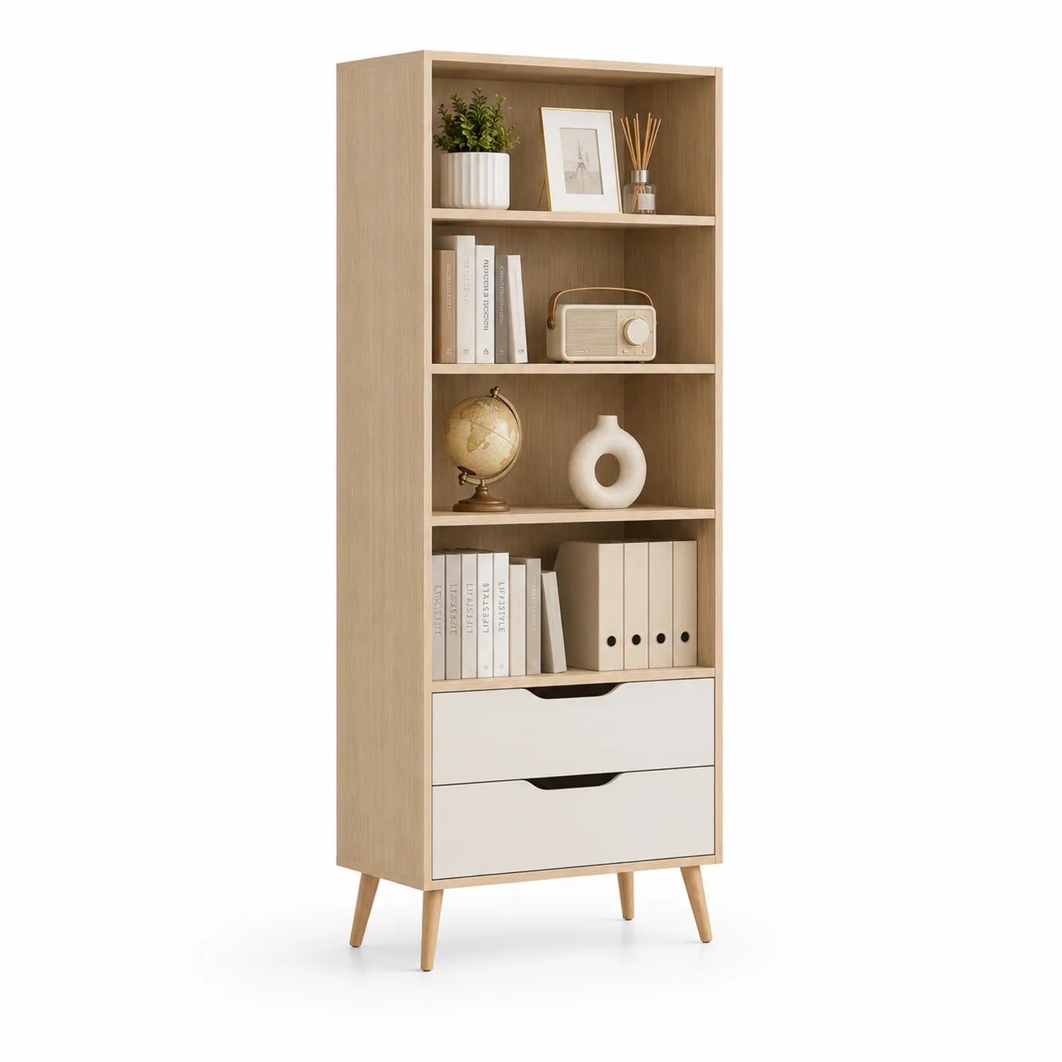 Regał stojący 80 x 35 x 180 cm dąb jasny biały MDF z szufladami i otwartymi półkami