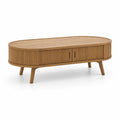 Stolik kawowy owalny 120 x 55 x 45 cm z MDF w kolorze dąb naturalny z ryflowanym frontem i drewnianymi nogami