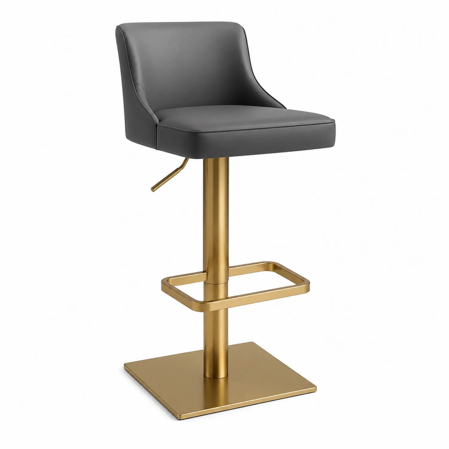 Hoker barowy obrotowy 55 x 55 x 85-105 cm z PU ciemnoszary ze złotą stalową prostokątną podstawą i podnóżkiem