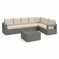 Zestaw mebli ogrodowych sofa narożna rattan PE stolik kawowy szklany szary beżowy konstrukcja stalowa