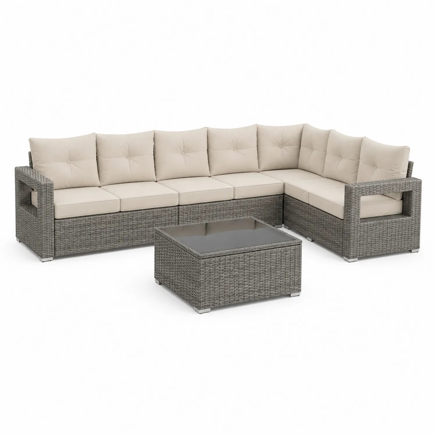 Zestaw mebli ogrodowych sofa narożna rattan PE stolik kawowy szklany szary beżowy konstrukcja stalowa