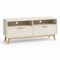 Szafka RTV 160 x 40 x 50 cm beżowa MDF lamele drewniane nogi bukowe nowoczesna