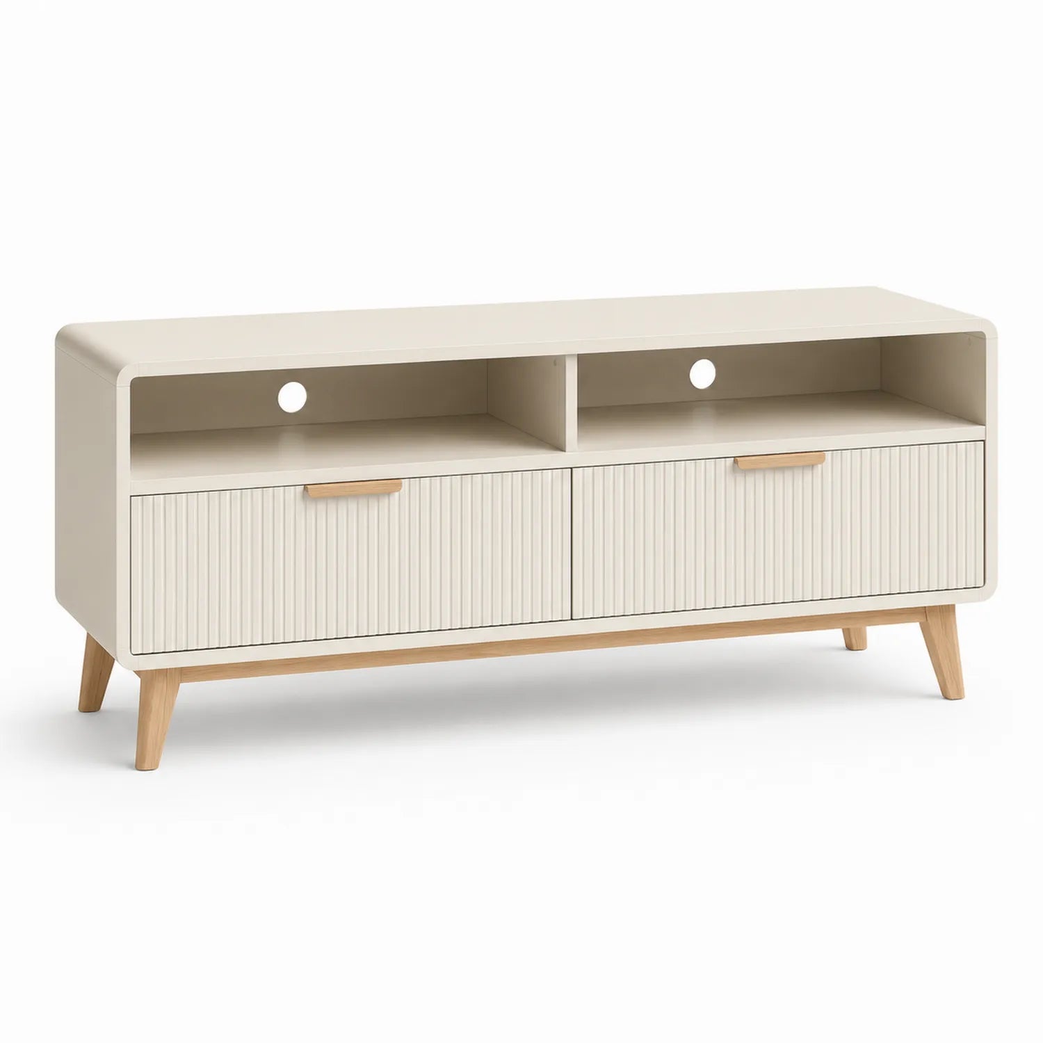 Szafka RTV 160 x 40 x 50 cm beżowa MDF lamele drewniane nogi bukowe nowoczesna