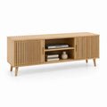 Szafka RTV prostokątna 180 x 40 x 50 cm z laminowanej MDF w kolorze dąb naturalny z lamelowymi drzwiami przesuwnymi i otwartymi półkami