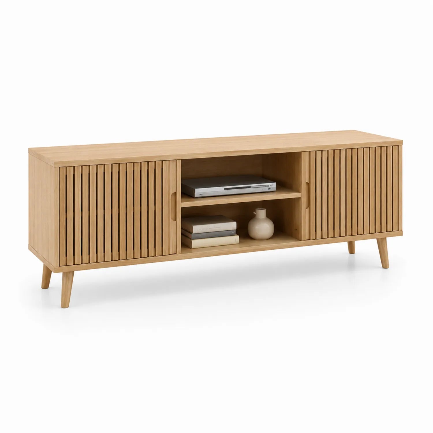 Szafka RTV prostokątna 180 x 40 x 50 cm z laminowanej MDF w kolorze dąb naturalny z lamelowymi drzwiami przesuwnymi i otwartymi półkami