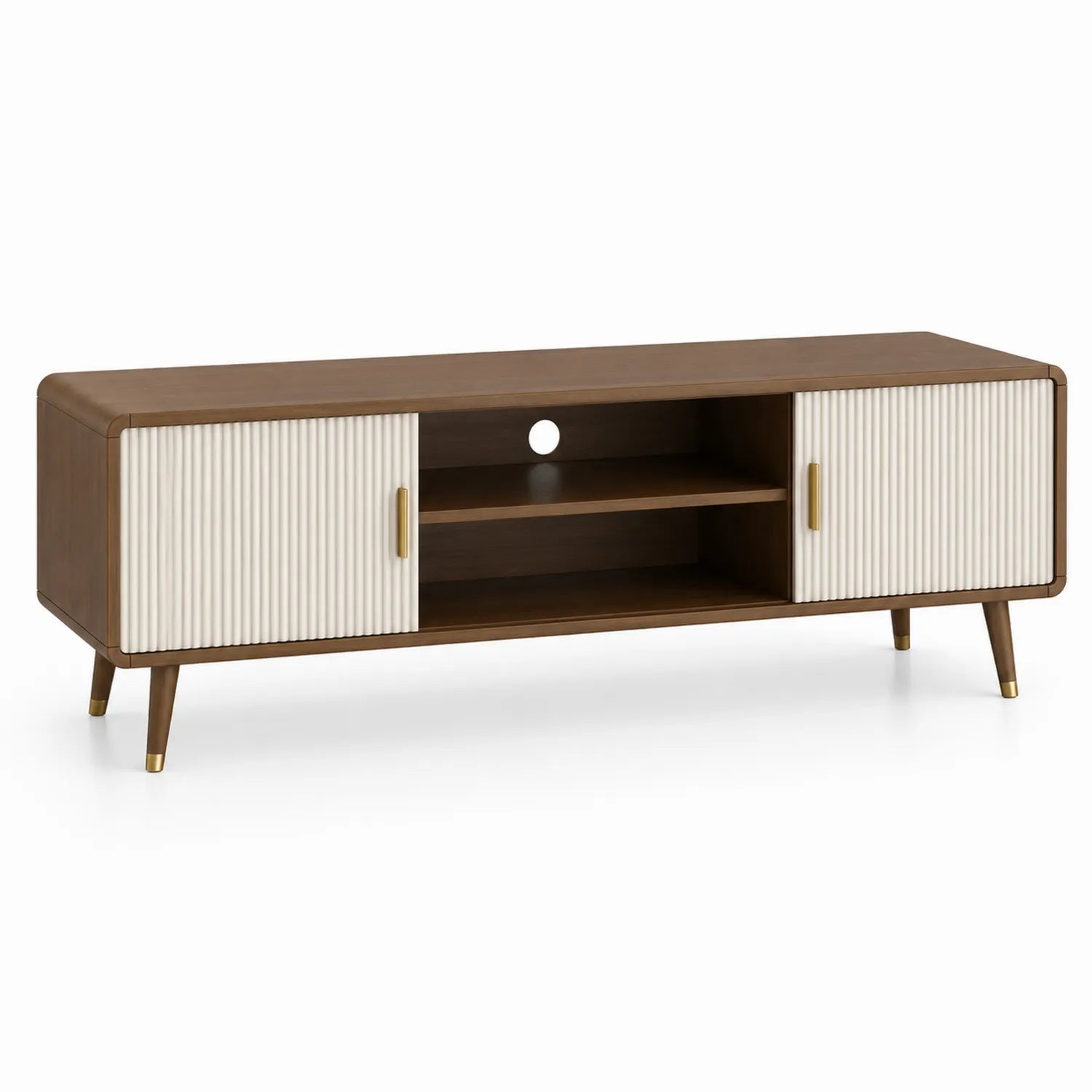 Szafka RTV 160 x 40 x 50 cm brązowo biała MDF ryflowane fronty przesuwne złote uchwyty otwór na kable