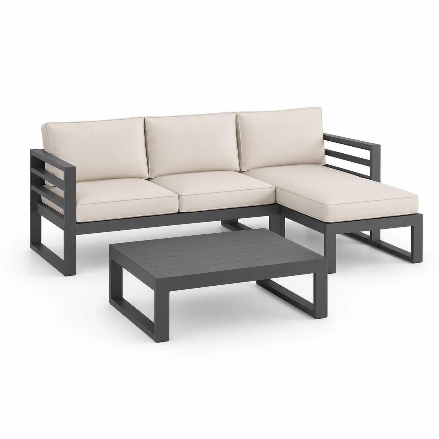Zestaw mebli ogrodowych sofa narożna aluminiowa beżowa szara z stolikiem 200 cm 120 cm 170 cm modułowy