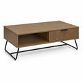 Stolik kawowy 110x60x45 cm MDF laminowany naturalne drewno czarna metalowa rama szuflada i otwarta półka