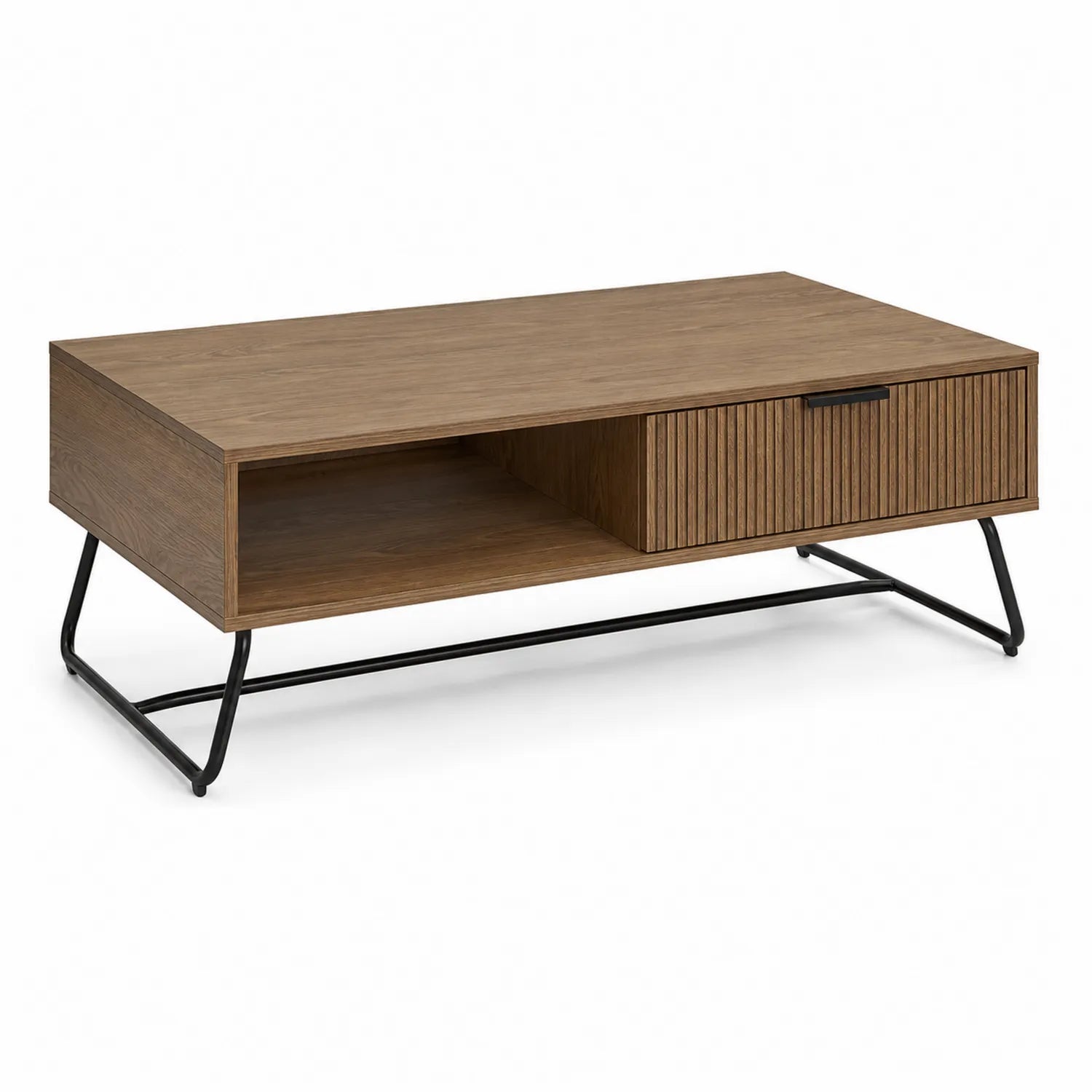 Stolik kawowy 110x60x45 cm MDF laminowany naturalne drewno czarna metalowa rama szuflada i otwarta półka