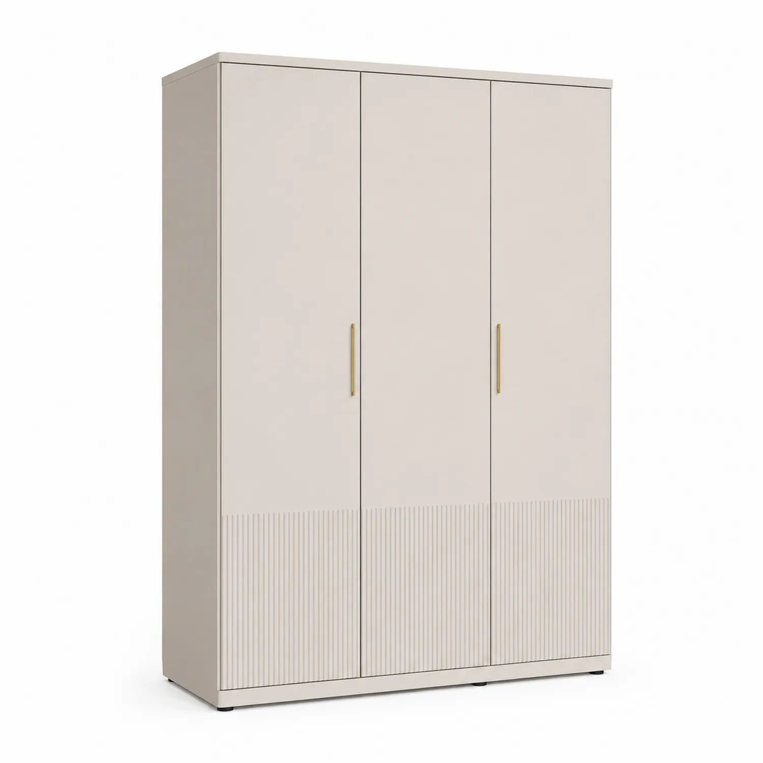 Szafa trzydrzwiowa prostokątna 180 x 55 x 200 cm z MDF beżowa z ryflowanymi frontami i złotymi uchwytami