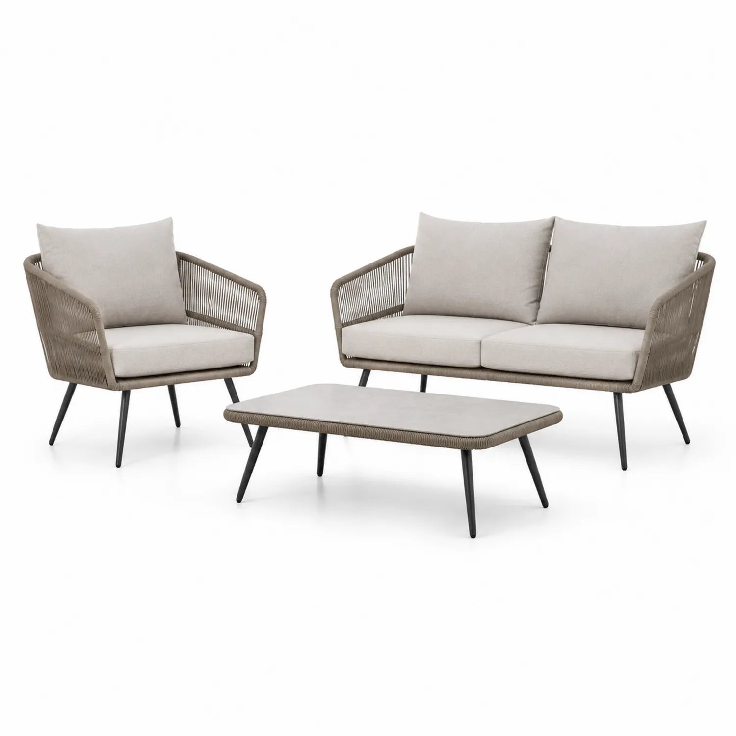 Zestaw mebli ogrodowych sofa 2-osobowa 2 fotele i stolik kawowy rattan PE szary beżowe poduszki