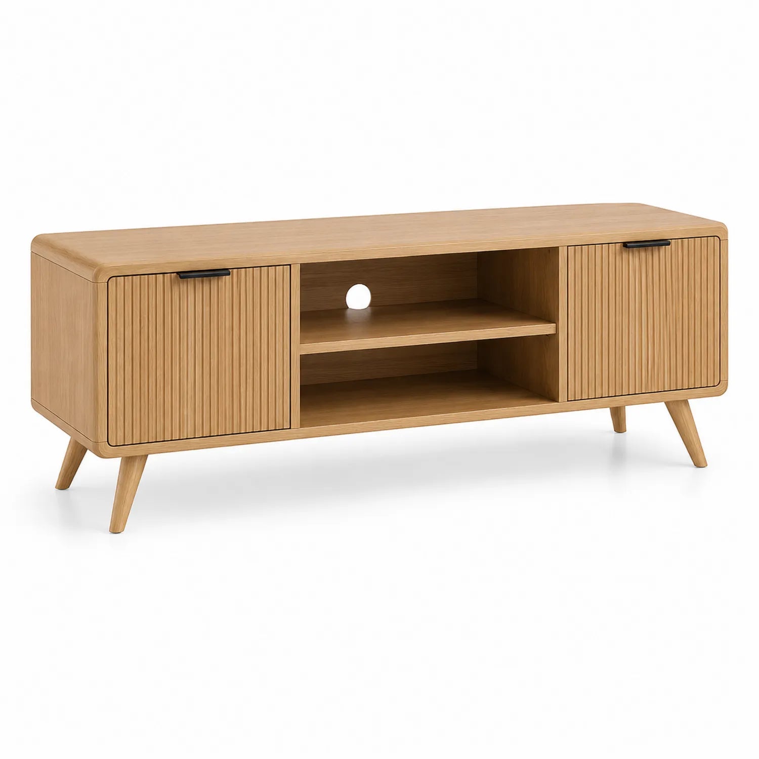 Szafka RTV dąb naturalny MDF laminowany 2 drzwi półki otwarte otwór na kable drewniane nogi