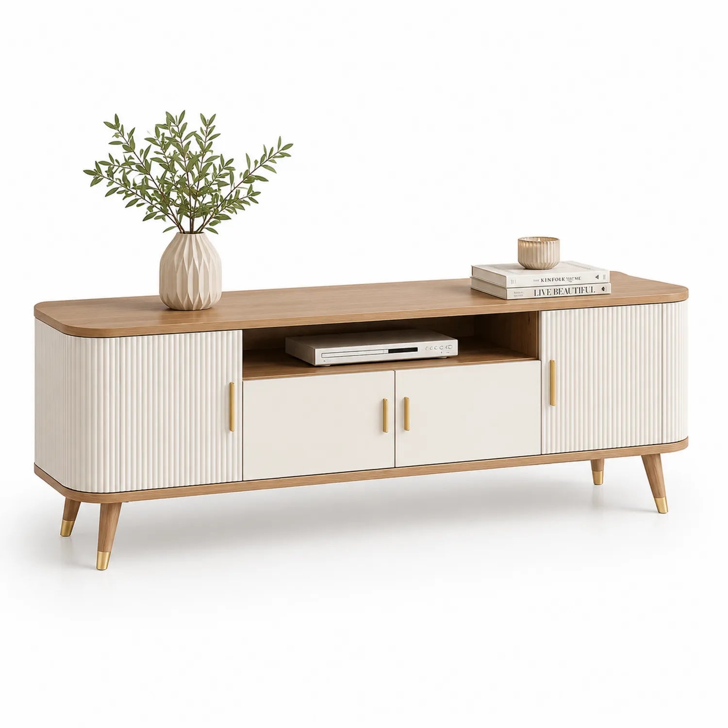 Szafka RTV prostokątna 160 x 40 x 50 cm z laminowanej MDF beżowa i dąb naturalny z ryflowanymi frontami i drewnianymi nogami