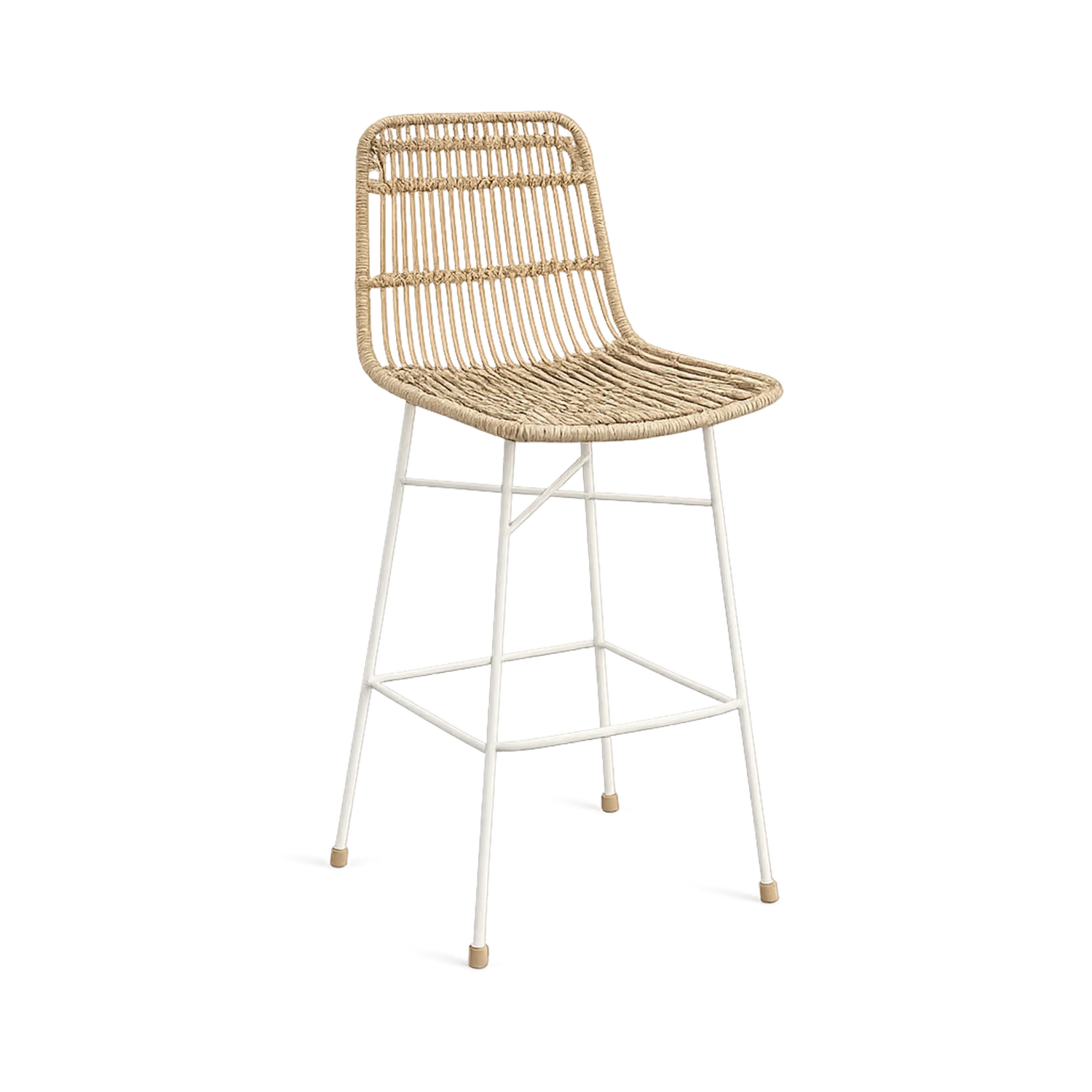 Hoker barowy 65–75 cm biały beżowy pleciony rattan PE metalowa rama z podnóżkiem