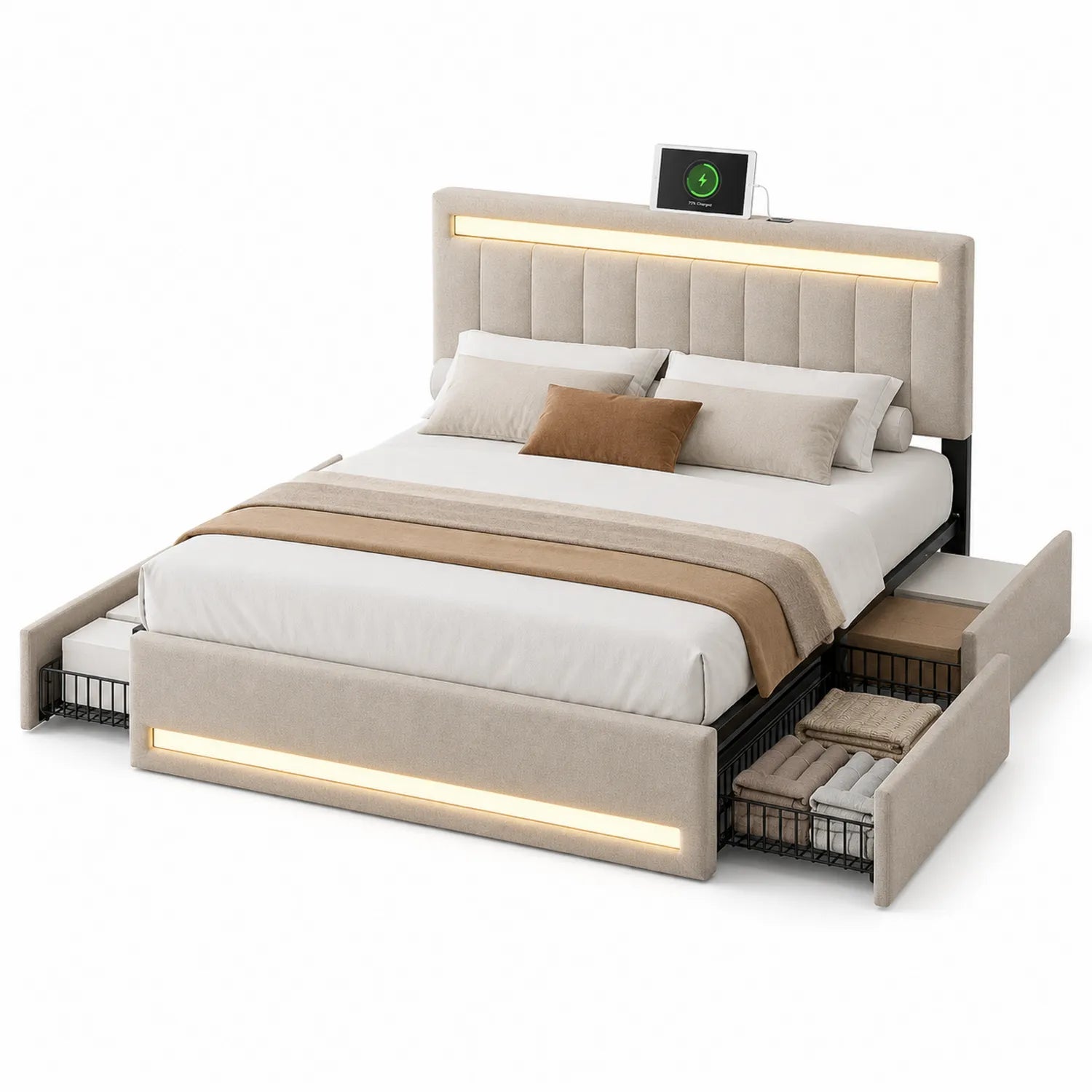 Łóżko tapicerowane z pojemnikiem 160 cm x 200 cm beżowe czarne MDF stal LED podnoszone z szufladami bocznymi