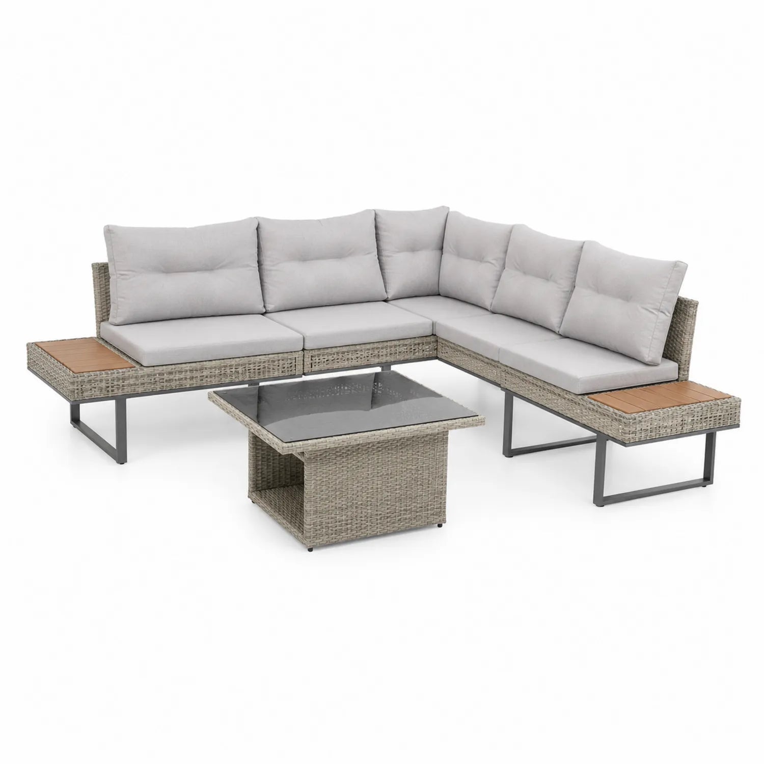 Zestaw mebli ogrodowych sofa narożna z technorattanu PE ze stolikiem szklanym kształt L jasnoszary 220 cm x 220 cm x 70 cm