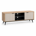 Szafka RTV 160x40x50 cm dąb naturalny MDF laminowany drzwi przesuwne czarne nogi