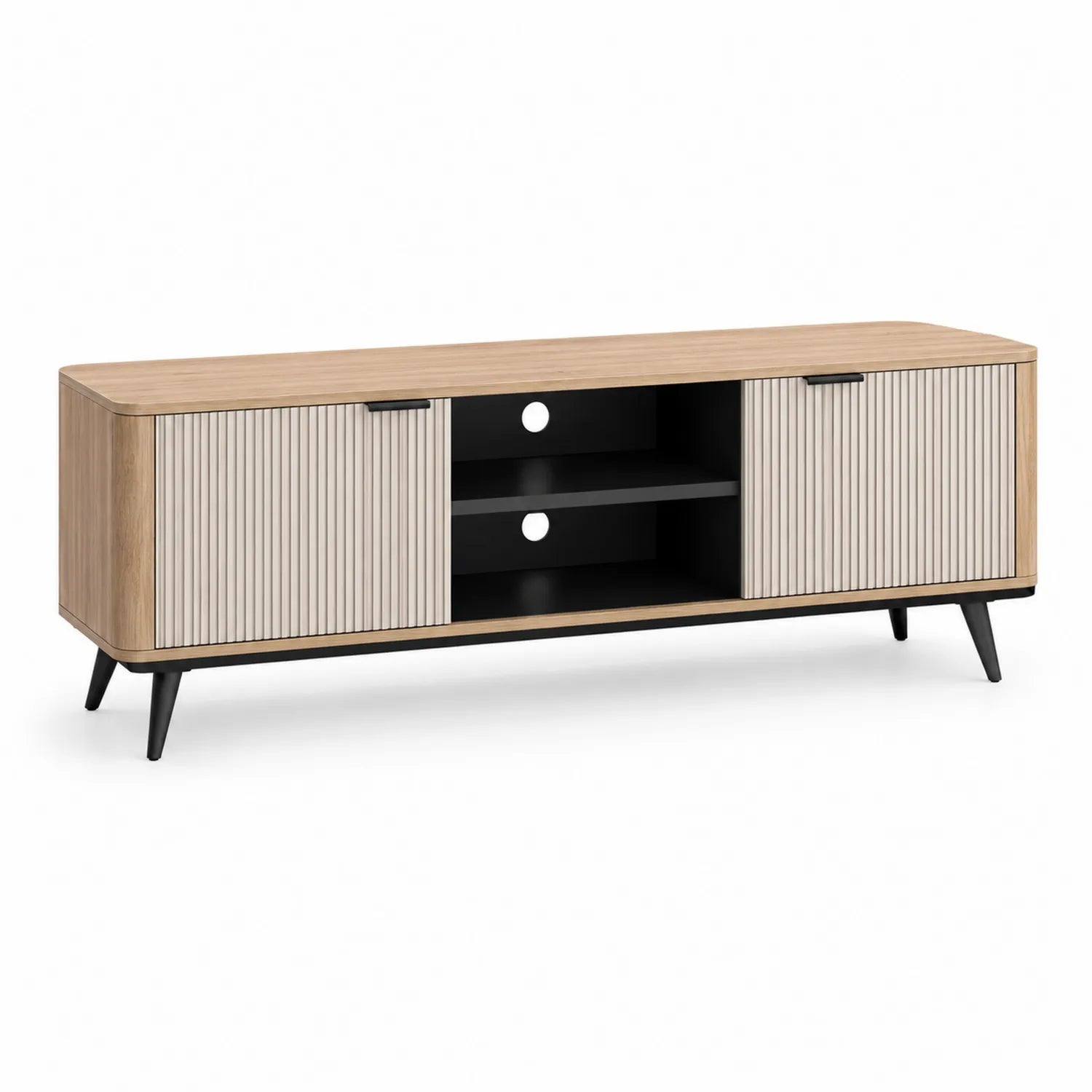 Szafka RTV 160x40x50 cm dąb naturalny MDF laminowany drzwi przesuwne czarne nogi