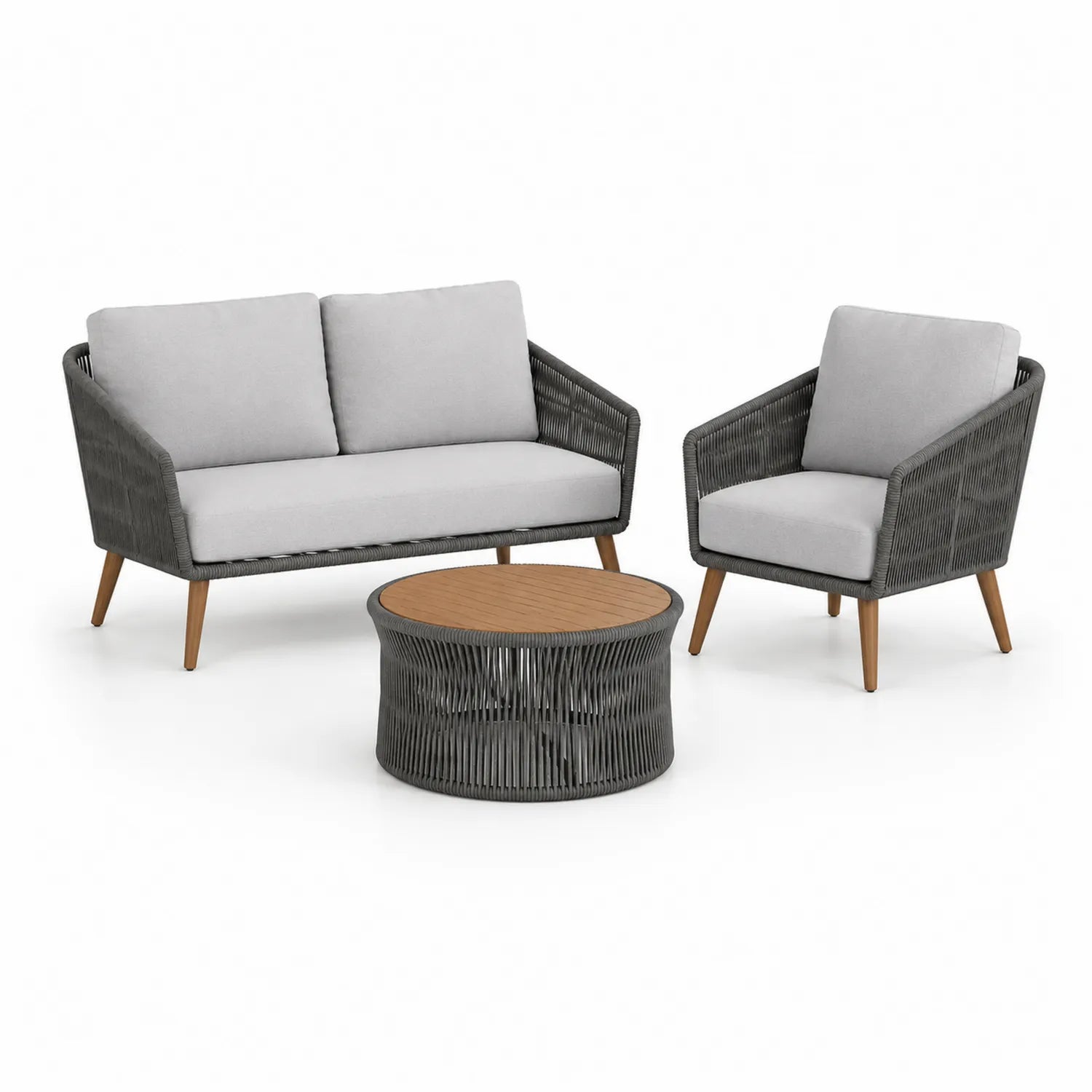 Zestaw mebli ogrodowych sofa 2-osobowa fotel i stolik kawowy rattan PE szary drewno akacjowe 3 elementy