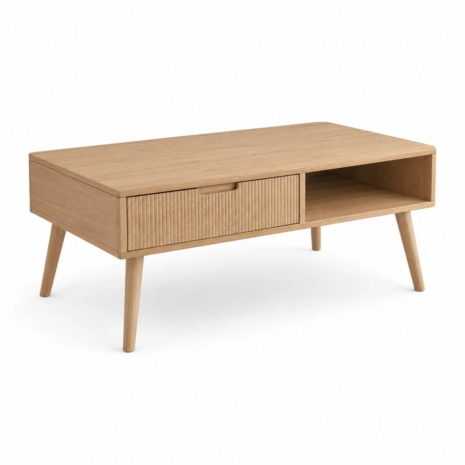 Stolik kawowy prostokątny 110 x 55 x 45 cm z MDF w kolorze dąb naturalny z ryflowaną szufladą i otwartą półką