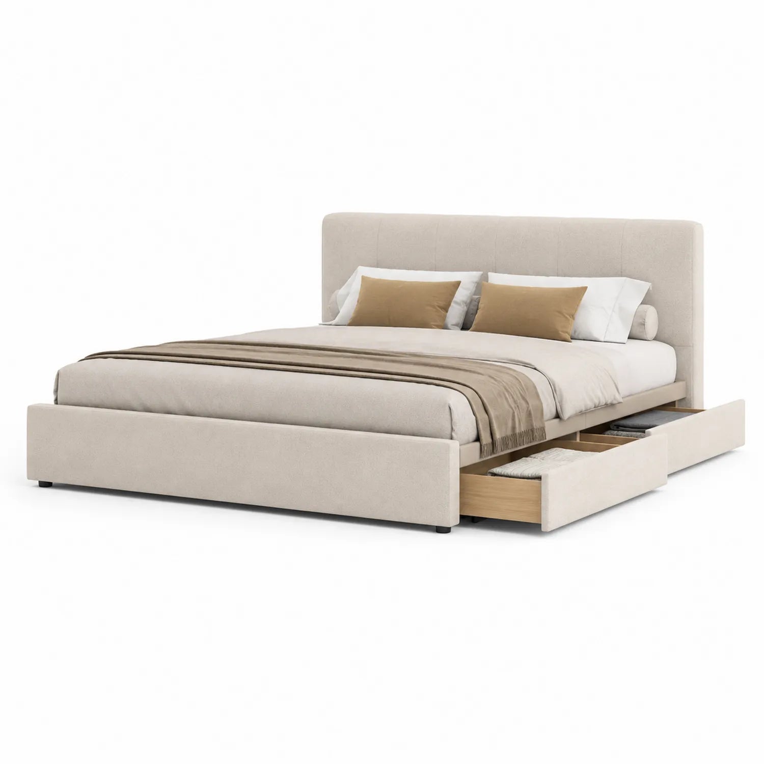 Łóżko tapicerowane 160 x 200 cm beżowe MDF z szufladami bocznymi tkanina poliestrowa rama drewnopochodna