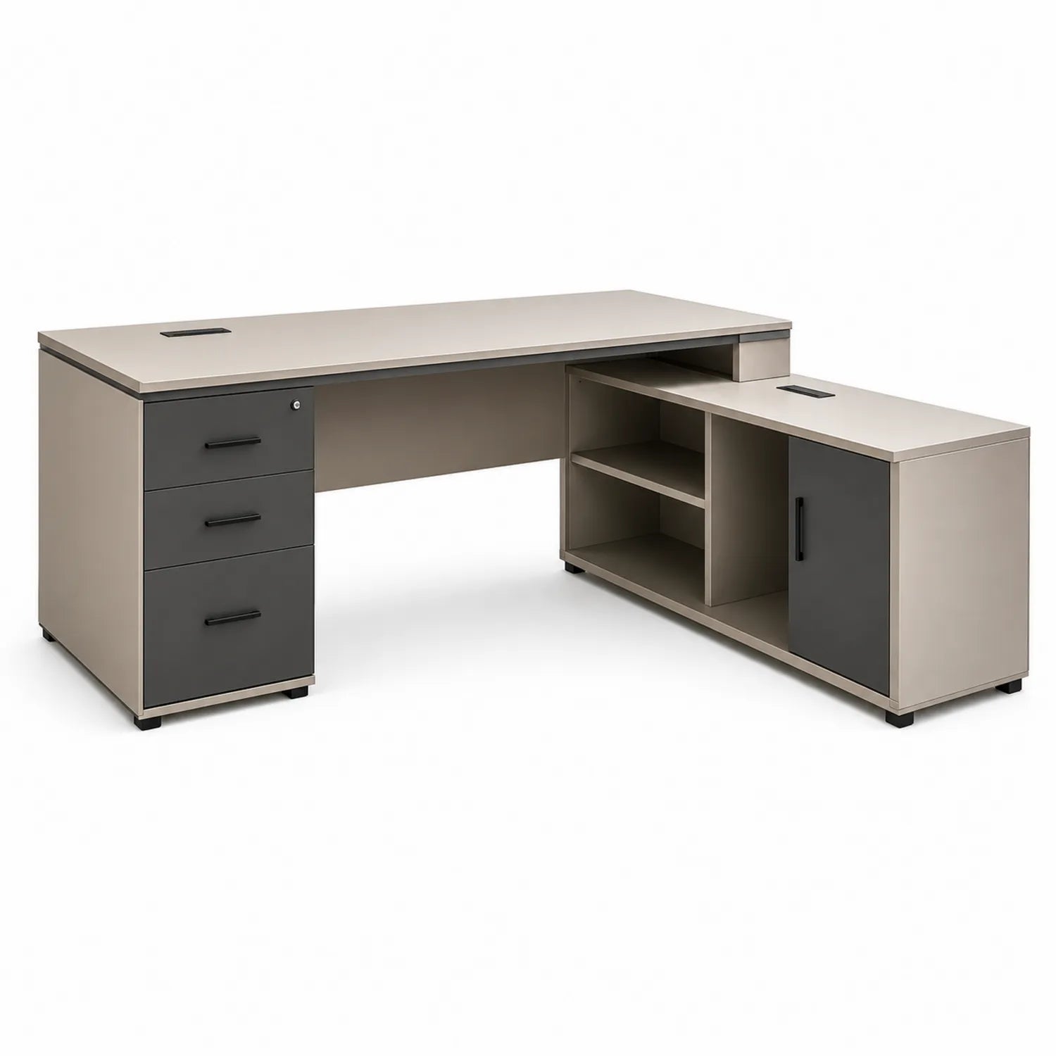 Biurko narożne w kształcie L 140 x 120 x 75 cm z płyty MDF laminowanej z szafką i trzema szufladami beżowe grafitowe