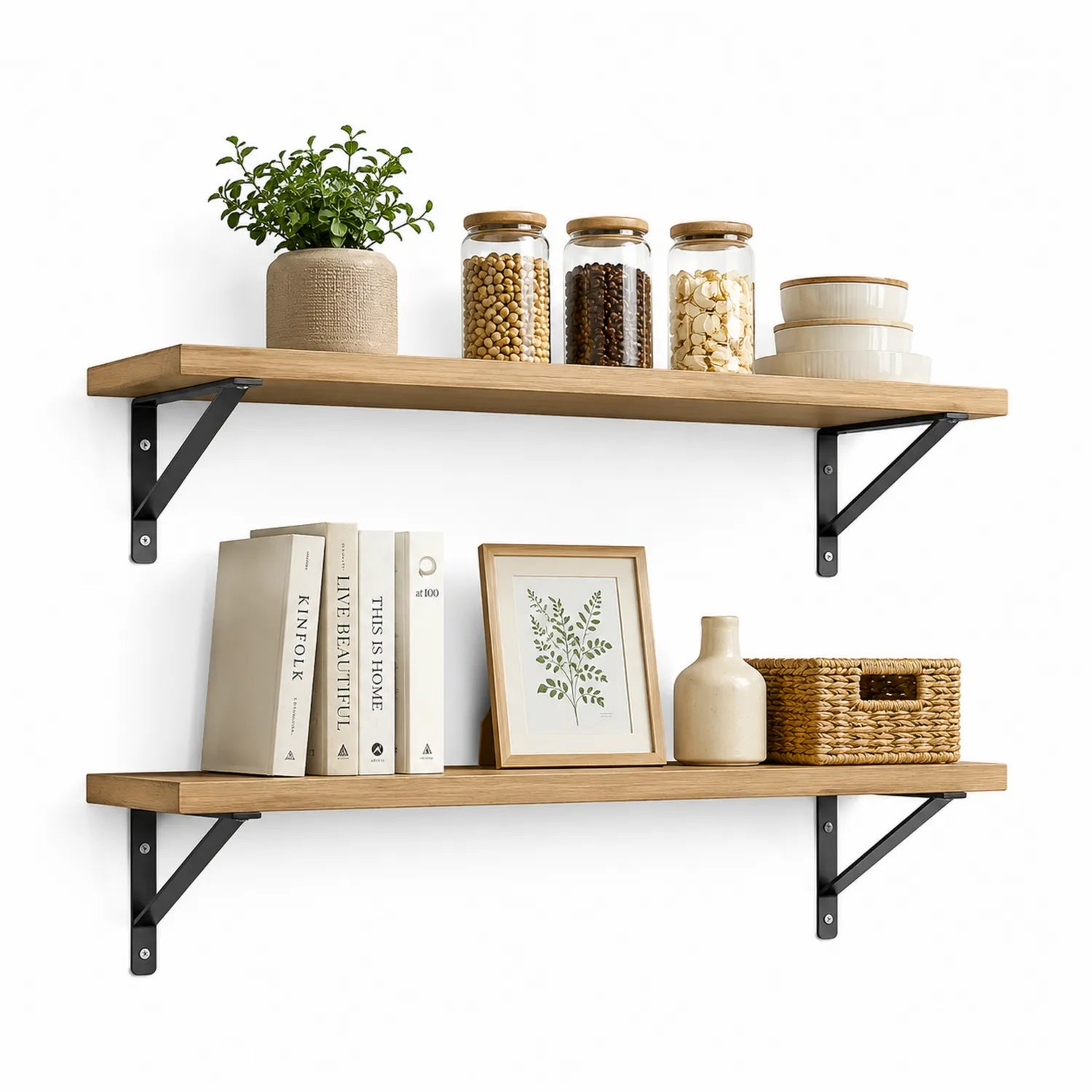 Regał ścienny półki ekspozycyjne 80x20x2 cm MDF naturalne drewno czarne metalowe wsporniki zestaw 2 sztuki