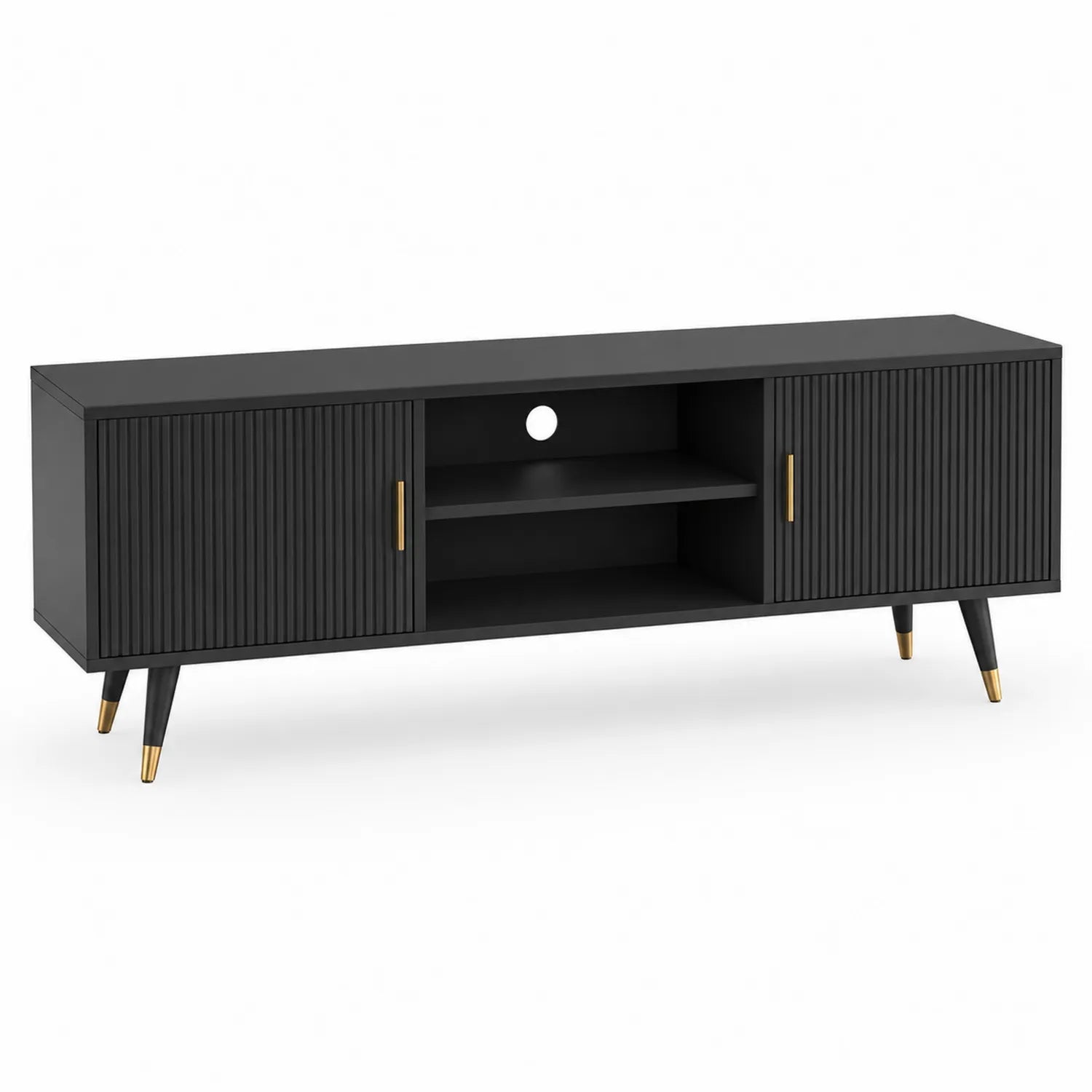 Szafka RTV prostokątna 180 x 40 x 50 cm z laminowanej płyty MDF czarna ze złotymi uchwytami ryflowanymi frontami i otwartą półką