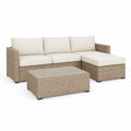 Zestaw mebli ogrodowych sofa narożna z leżanką technorattan stolik szklany beżowy szary 230 cm 160 cm 70 cm