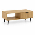 Stolik kawowy prostokątny 110 x 55 x 45 cm z MDF w dekorze dąb naturalny z ryflowaną szufladą otwartą półką i czarnymi stalowymi nogami