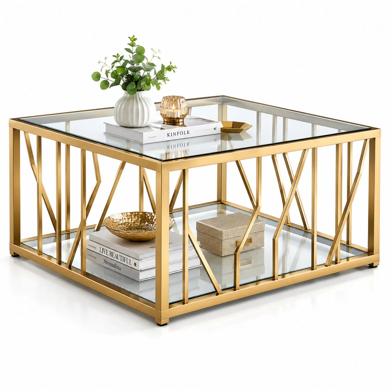 Kwadratowy stolik kawowy szklany złoty stal 80 cm 80 cm 45 cm szkło hartowane dwupoziomowy geometryczny