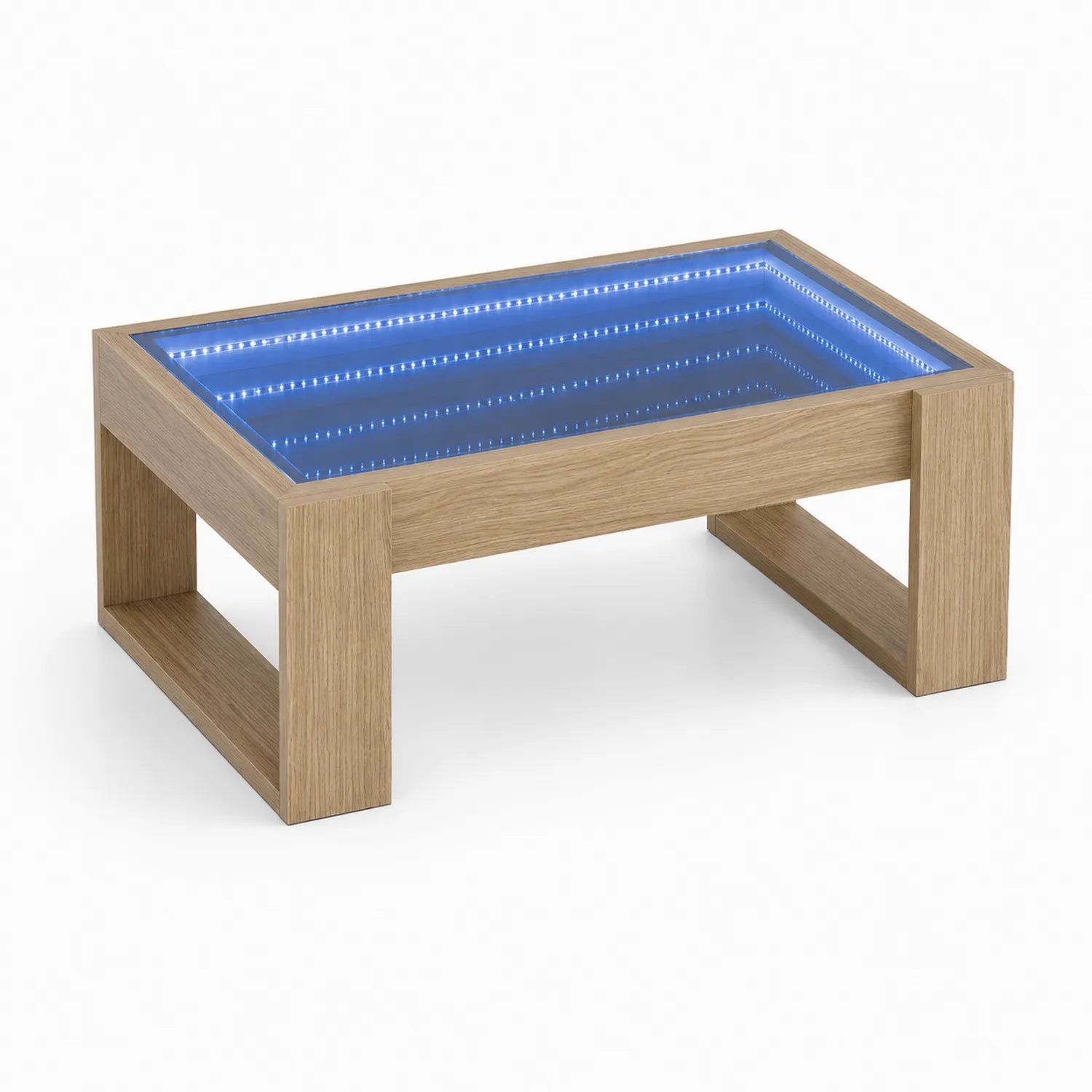 Stolik kawowy prostokątny 100 x 60 x 40 cm z MDF w dekorze dąb naturalny ze szklanym blatem i niebieskim podświetleniem LED