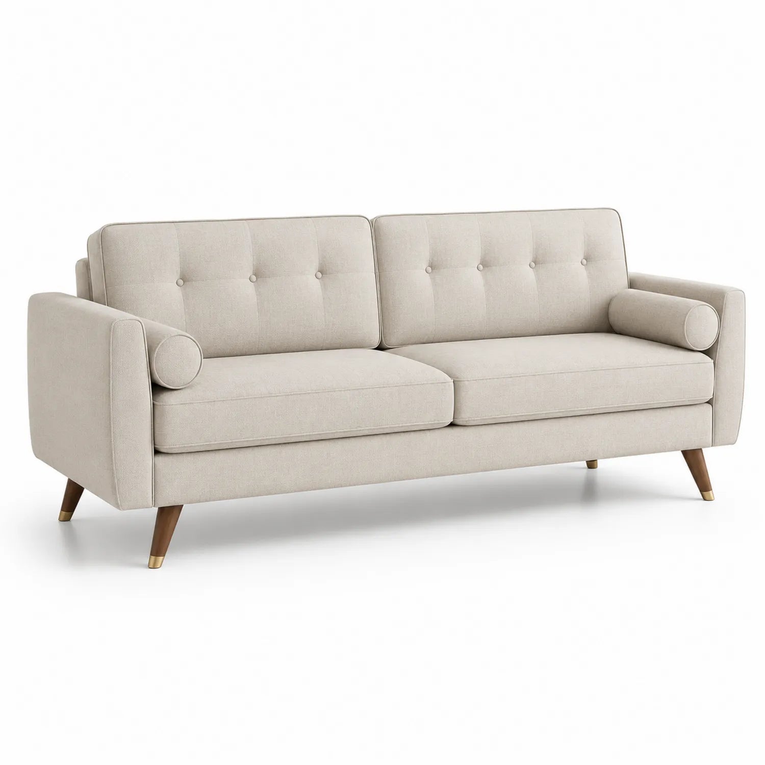 Sofa prosta 3 osobowa 200 x 85 x 85 cm z tkaniny poliestrowej beżowa z drewnianymi nogami i poduszkami walcowymi