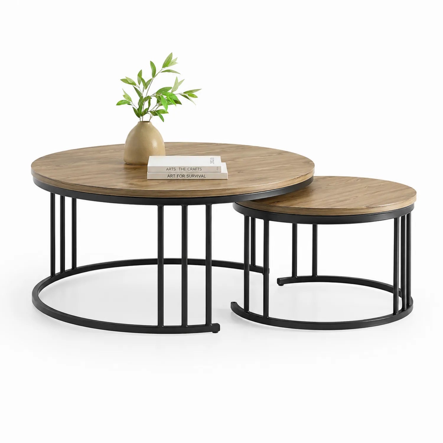 Zestaw stolików kawowych okrągłych 2 sztuki około 80 cm x 80 cm x 45 cm oraz 60 cm x 60 cm x 40 cm blat dekor drewna MDF metalowa czarna konstrukcja