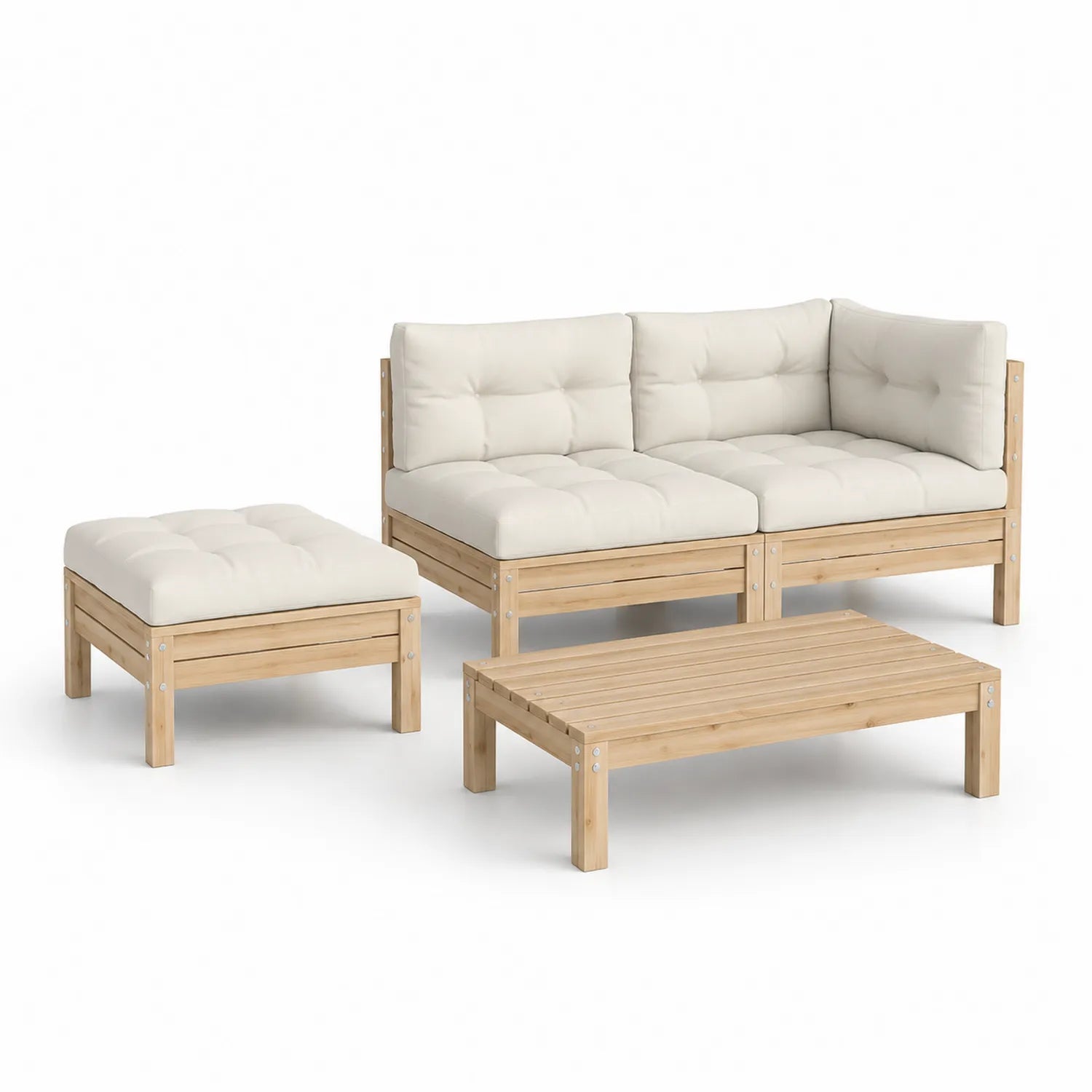 Zestaw mebli ogrodowych sofa narożna z pufą i stolikiem drewno sosnowe kształt L kremowy jasne drewno 180 cm x 120 cm x 75 cm