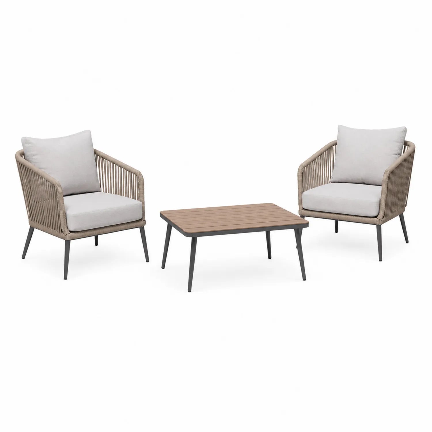 Zestaw mebli ogrodowych 2 fotele i stolik kawowy technorattan metalowa rama blat drewniany beżowy jasnoszary czarny 65 cm 70 cm 75 cm 90 cm 55 cm 40 cm