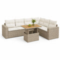 Zestaw mebli ogrodowych sofa narożna modułowa rattan PE beżowy poduszki brązowy stolik kawowy z pojemnikiem