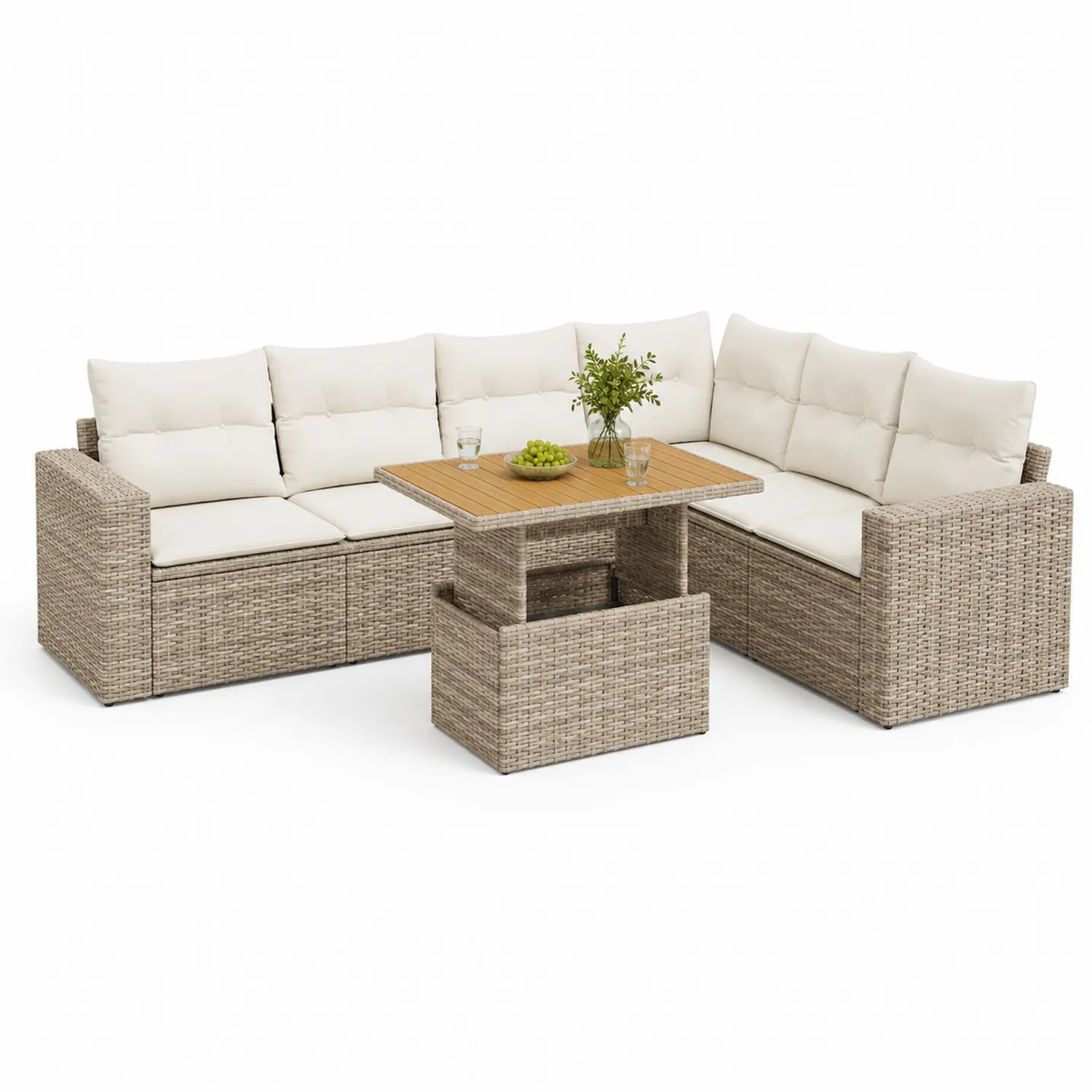 Zestaw mebli ogrodowych sofa narożna modułowa rattan PE beżowy poduszki brązowy stolik kawowy z pojemnikiem