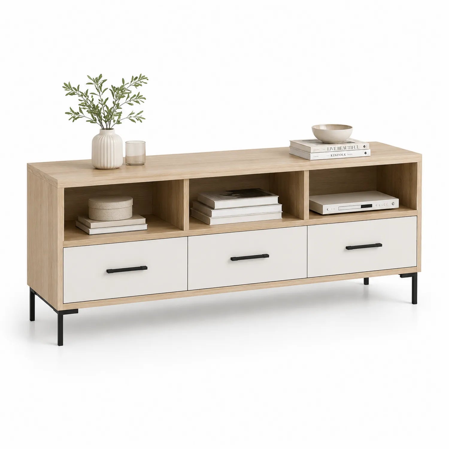 Szafka RTV 160 cm x 40 cm x 50 cm MDF laminowana dąb naturalny białe fronty trzy szuflady otwarte przegrody czarne metalowe nogi